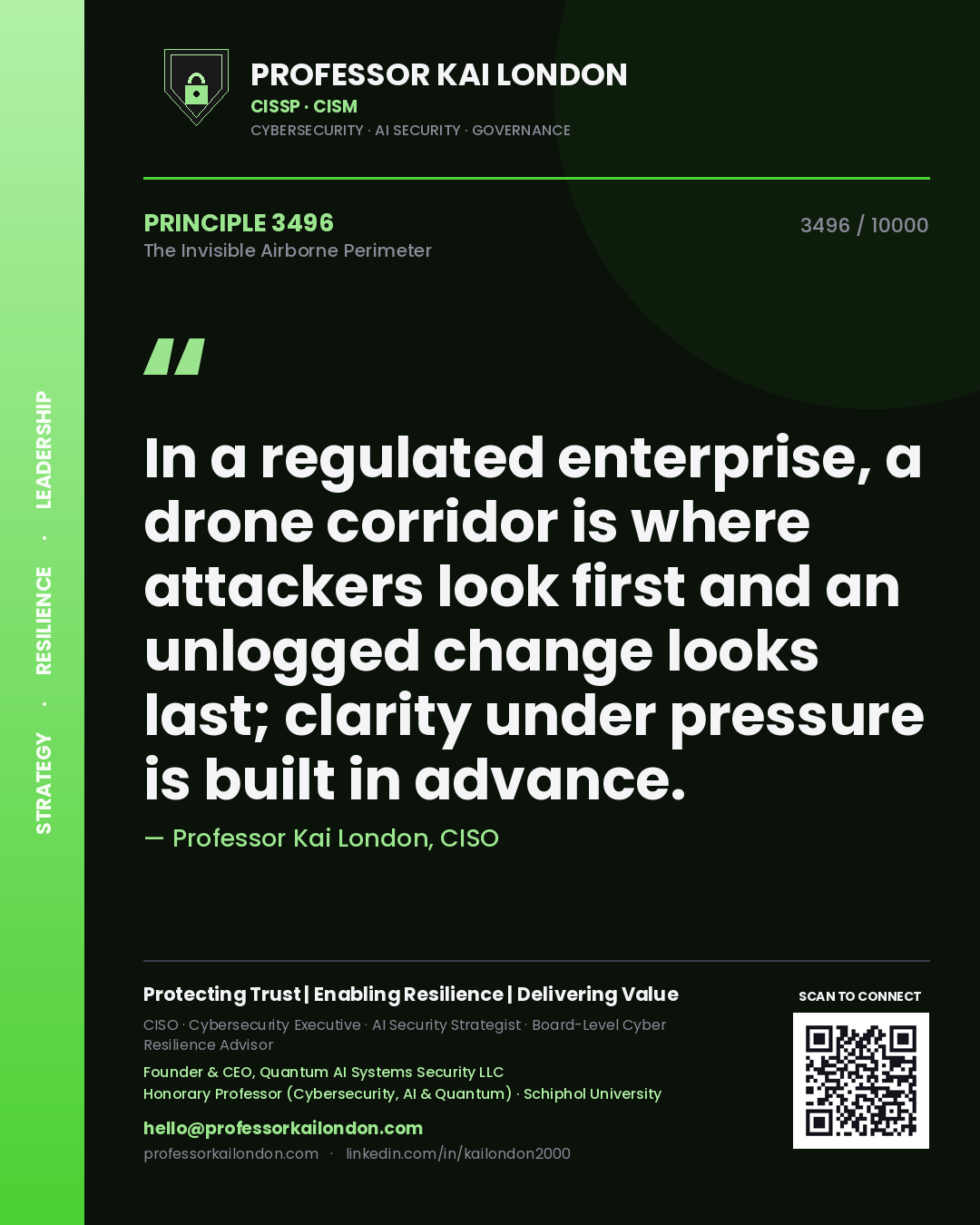 Professor Kai London principle 3496: In a regulated enterprise, a drone corridor is where attackers look first and an unlogged change looks last; clarity under pressure is built in advance.
