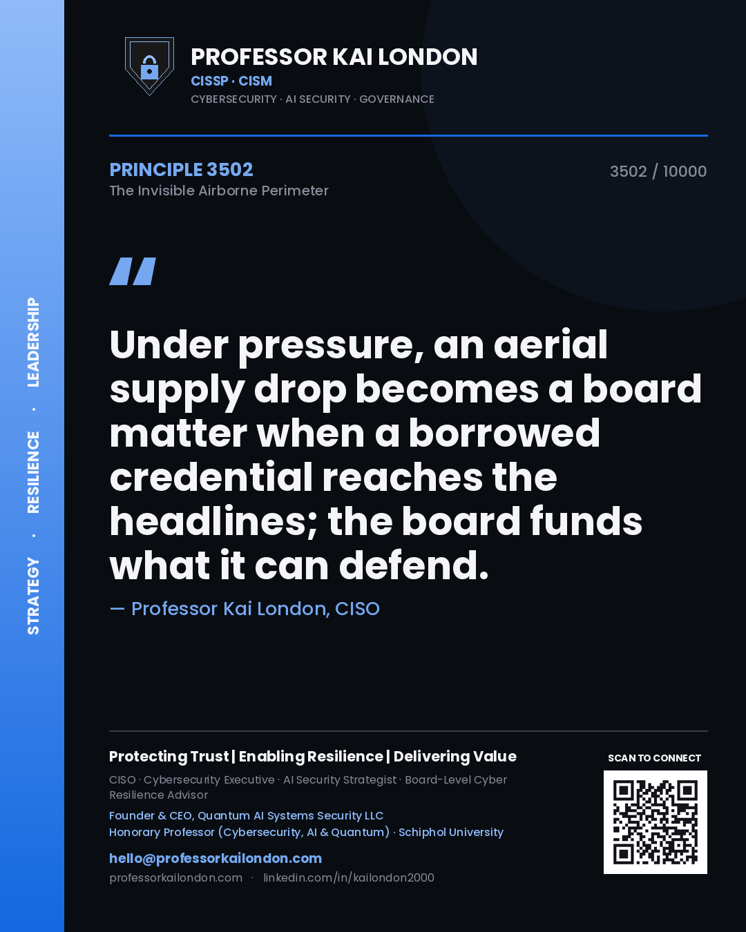 Professor Kai London principle 3502: Under pressure, an aerial supply drop becomes a board matter when a borrowed credential reaches the headlines; the board funds what it can defend.