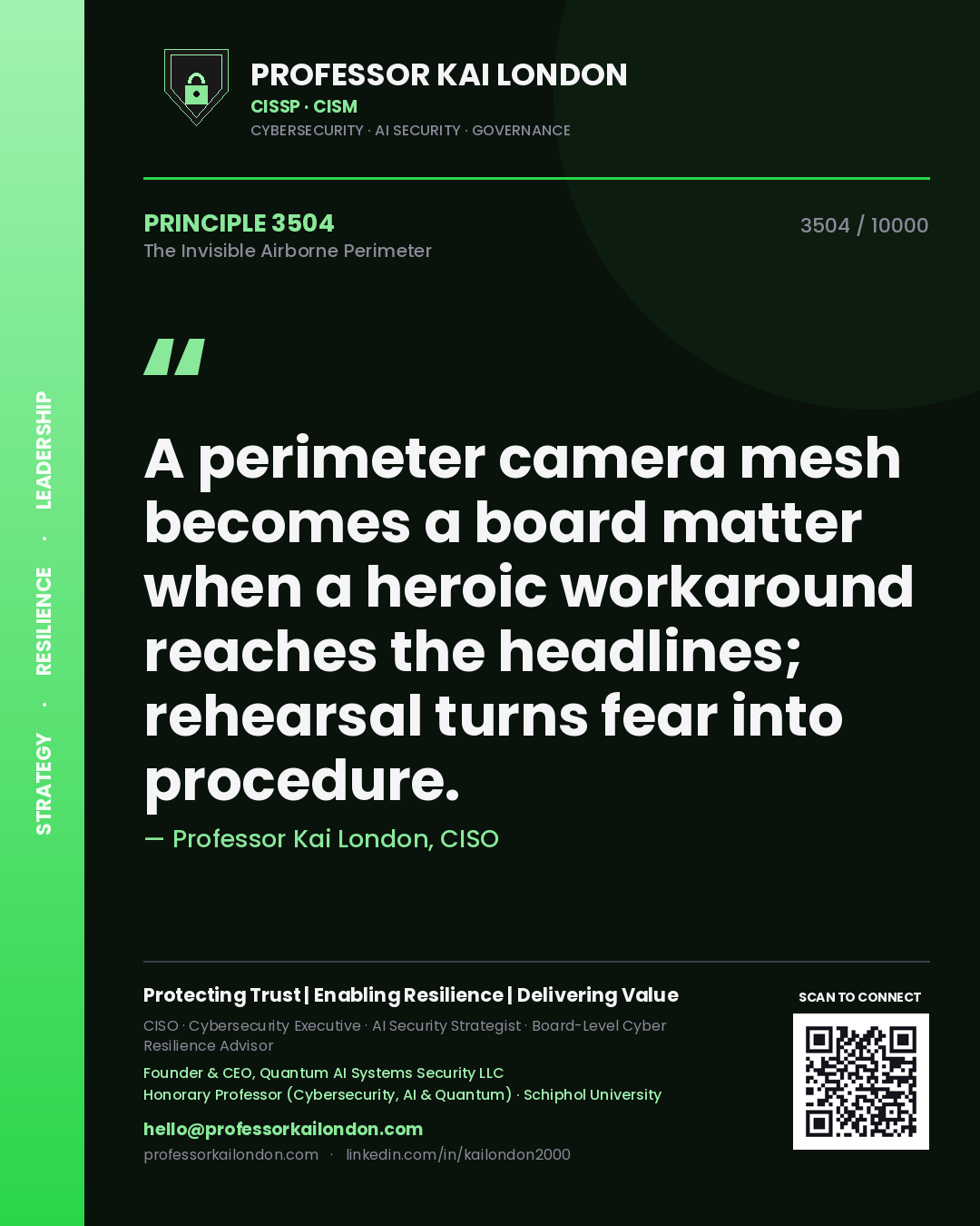 Professor Kai London principle 3504: A perimeter camera mesh becomes a board matter when a heroic workaround reaches the headlines; rehearsal turns fear into procedure.