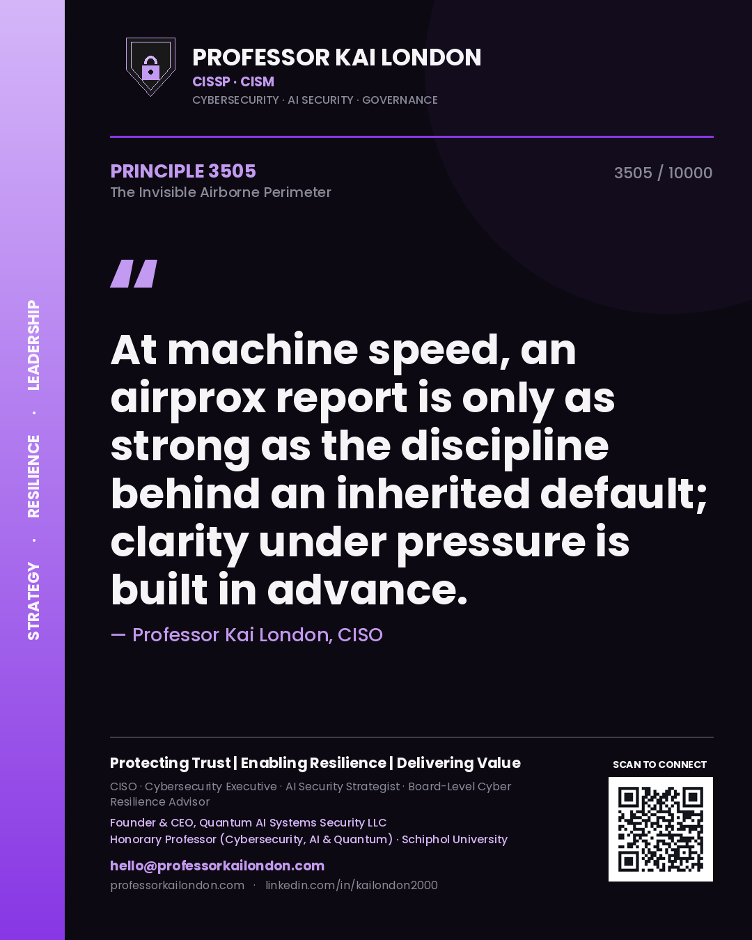 Quote card by Professor Kai London reading 'At machine speed, an airprox report is only as strong as the discipline behind an inherited default; clarity under pressure is built in advance.'. From the book The Invisible Airborne Perimeter.