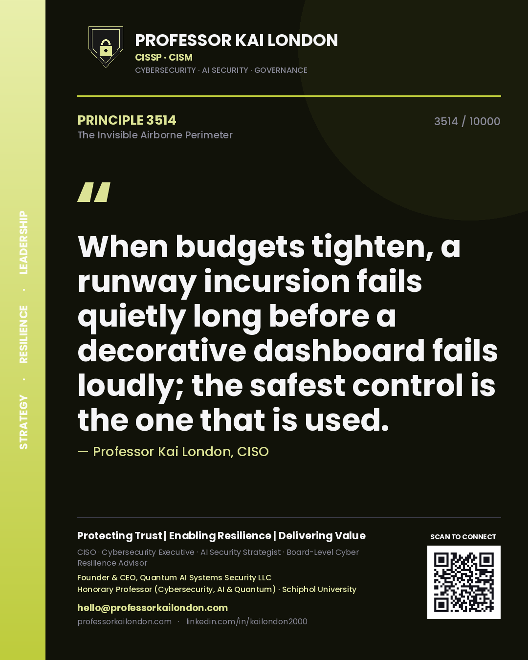 Professor Kai London principle 3514: When budgets tighten, a runway incursion fails quietly long before a decorative dashboard fails loudly; the safest control is the one that is used.