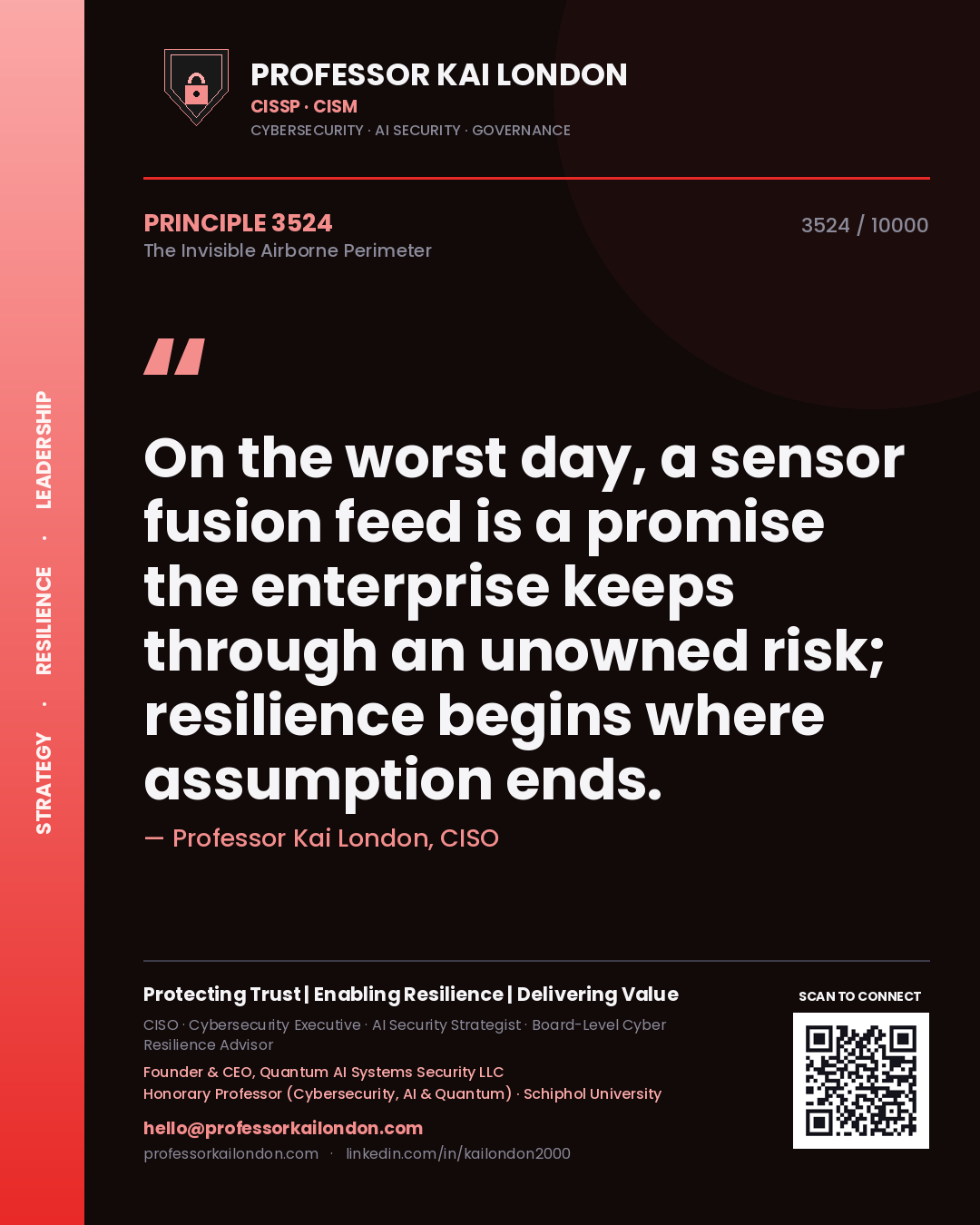 Quote card by Professor Kai London reading 'On the worst day, a sensor fusion feed is a promise the enterprise keeps through an unowned risk; resilience begins where assumption ends.'. From the book The Invisible Airborne Perimeter.