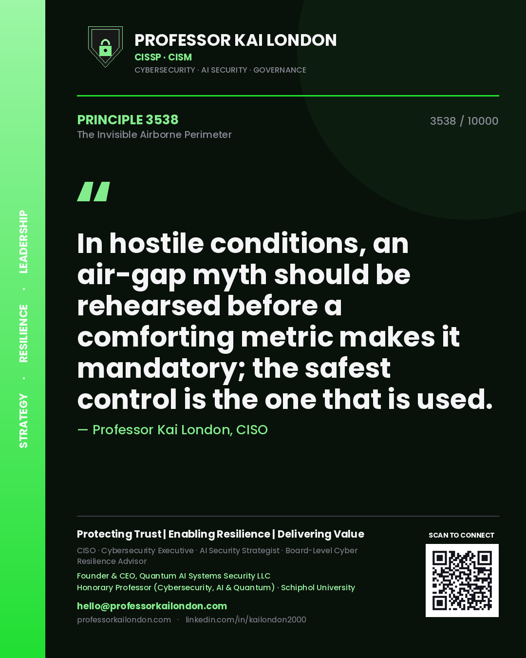 Professor Kai London principle 3538: In hostile conditions, an air-gap myth should be rehearsed before a comforting metric makes it mandatory; the safest control is the one that is used.
