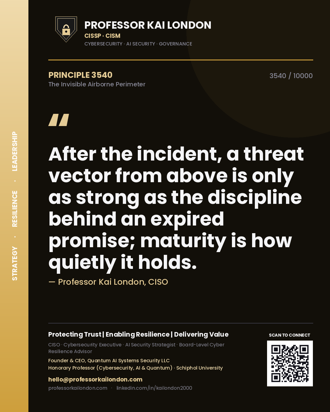 Quote card by Professor Kai London reading 'After the incident, a threat vector from above is only as strong as the discipline behind an expired promise; maturity is how quietly it holds.'. From the book The Invisible Airborne Perimeter.