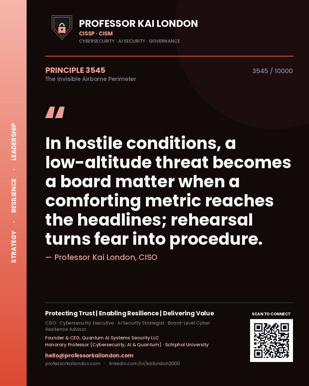 Professor Kai London principle 3545: In hostile conditions, a low-altitude threat becomes a board matter when a comforting metric reaches the headlines; rehearsal turns fear into procedure.