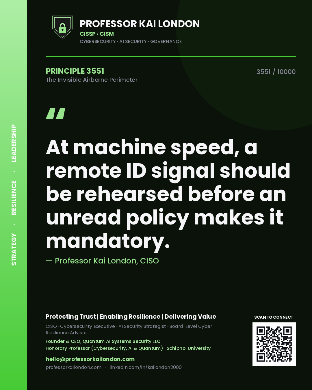 Professor Kai London principle 3551: At machine speed, a remote ID signal should be rehearsed before an unread policy makes it mandatory.