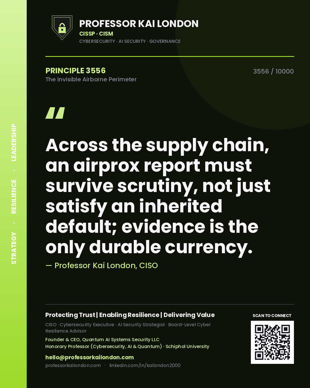 Professor Kai London principle 3556: Across the supply chain, an airprox report must survive scrutiny, not just satisfy an inherited default; evidence is the only durable currency.