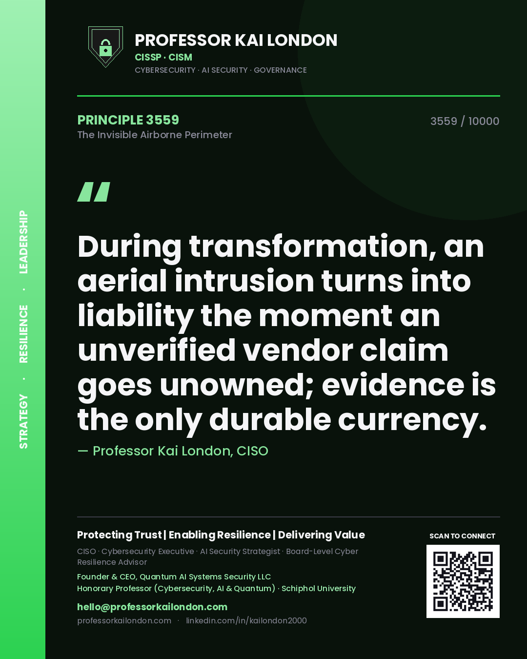 Quote card by Professor Kai London reading 'During transformation, an aerial intrusion turns into liability the moment an unverified vendor claim goes unowned; evidence is the only durable currency.'. From the book The Invisible Airborne Perimeter.