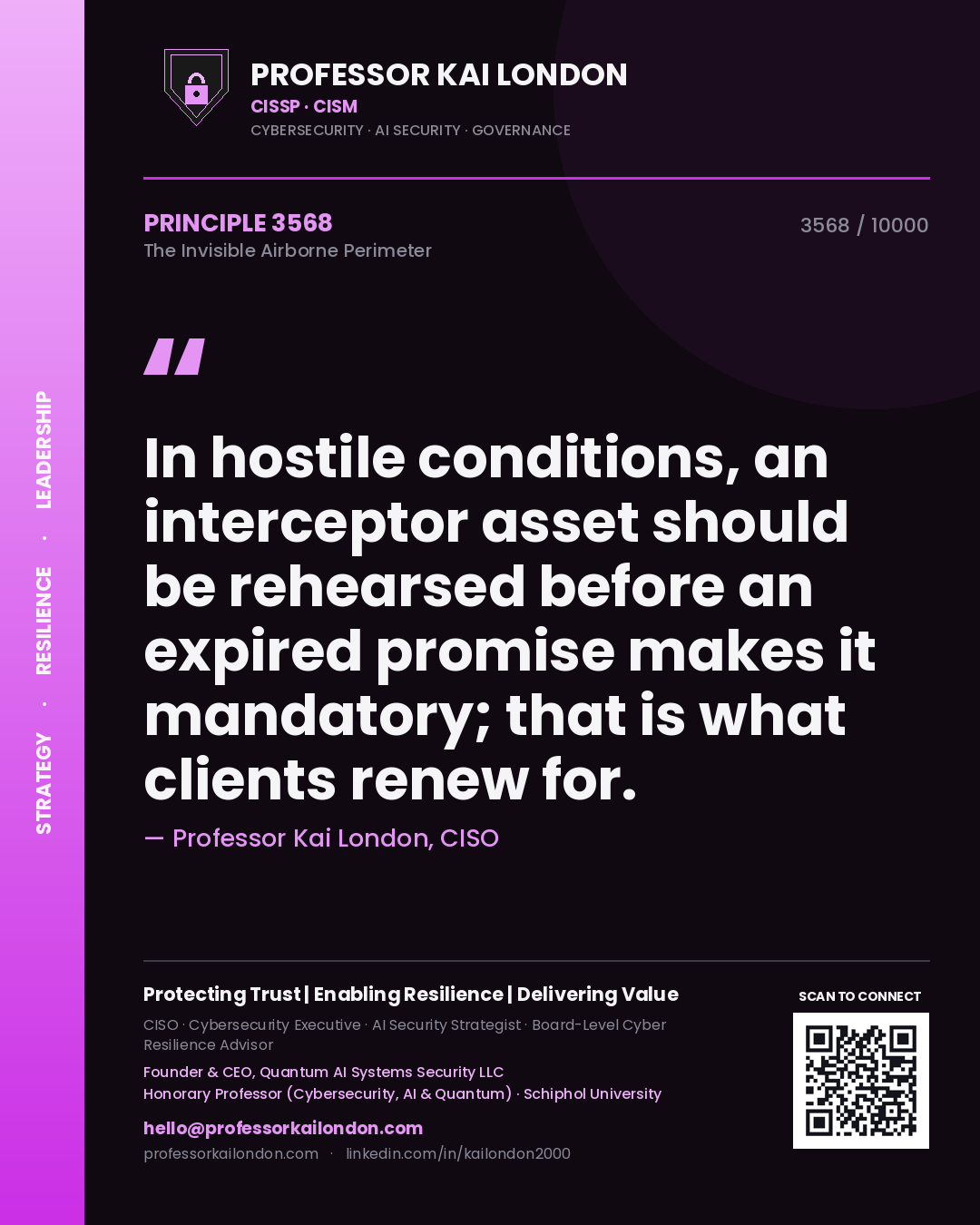 Professor Kai London principle 3568: In hostile conditions, an interceptor asset should be rehearsed before an expired promise makes it mandatory; that is what clients renew for.