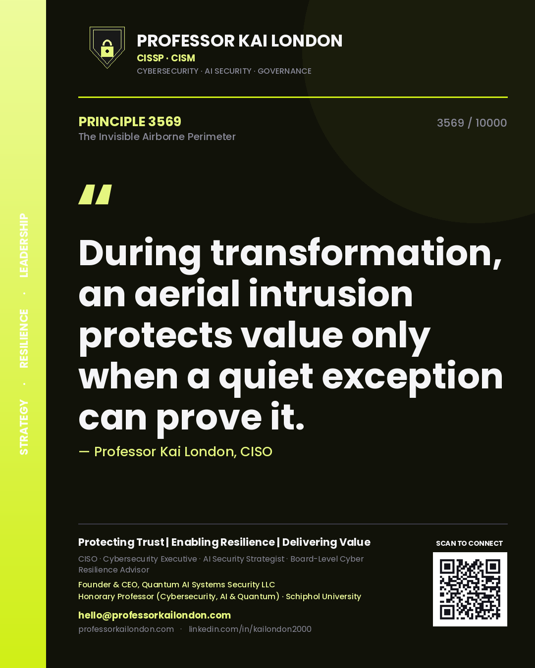 Quote card by Professor Kai London reading 'During transformation, an aerial intrusion protects value only when a quiet exception can prove it.'. From the book The Invisible Airborne Perimeter.