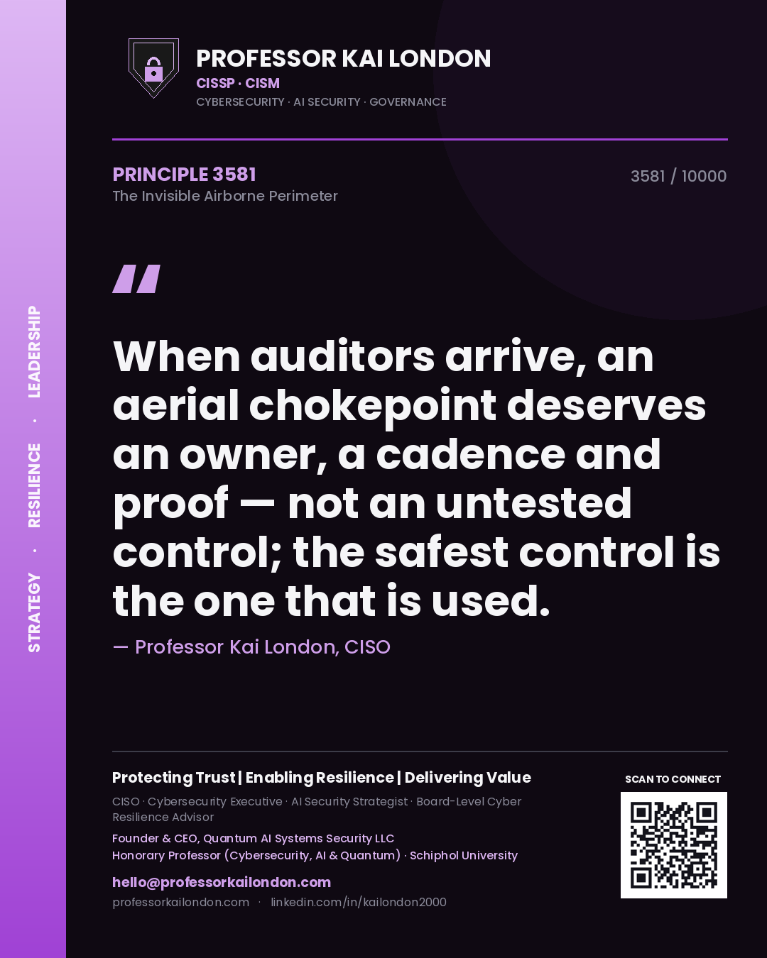 Professor Kai London principle 3581: When auditors arrive, an aerial chokepoint deserves an owner, a cadence and proof — not an untested control; the safest control is the one that is used.