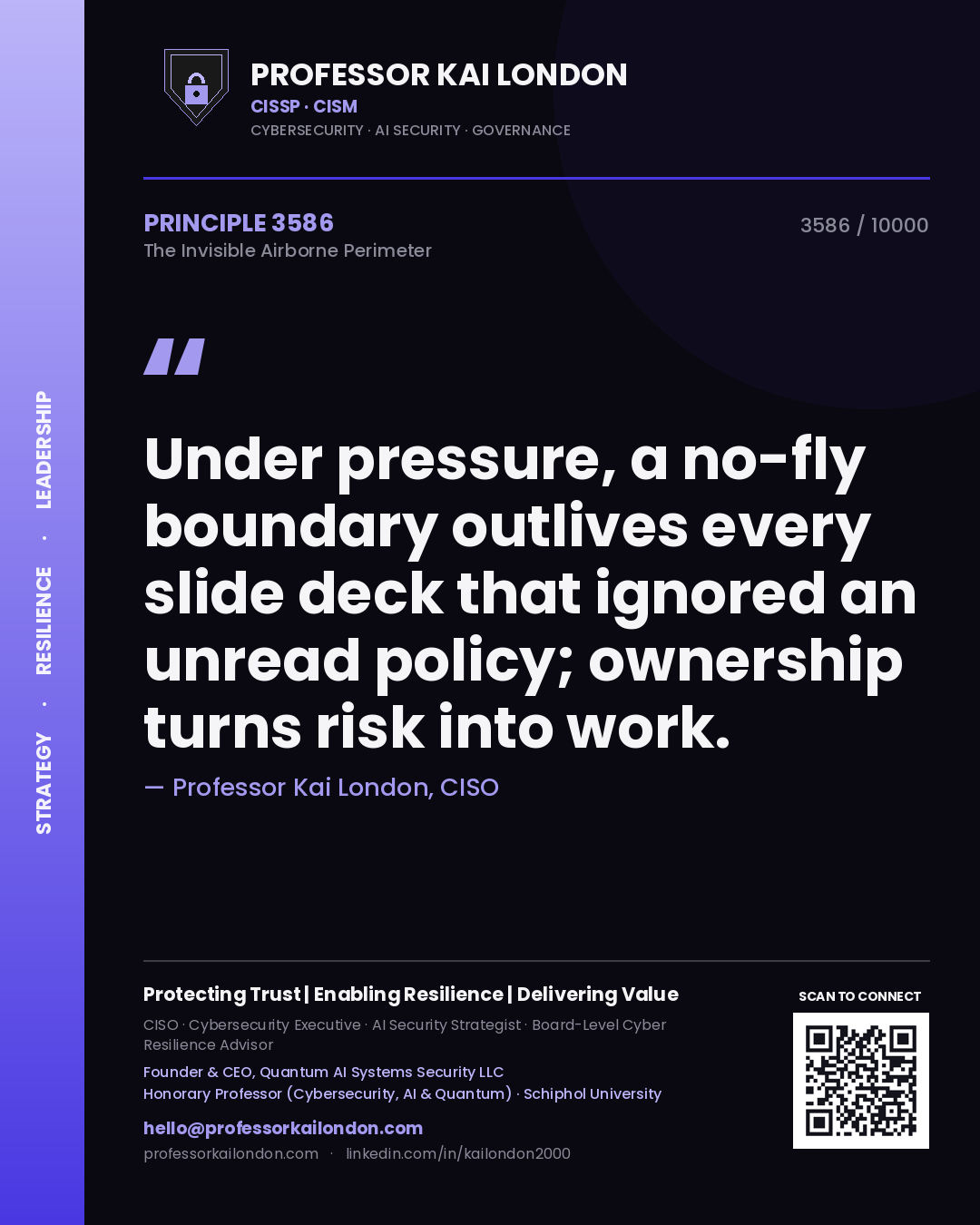 Professor Kai London principle 3586: Under pressure, a no-fly boundary outlives every slide deck that ignored an unread policy; ownership turns risk into work.