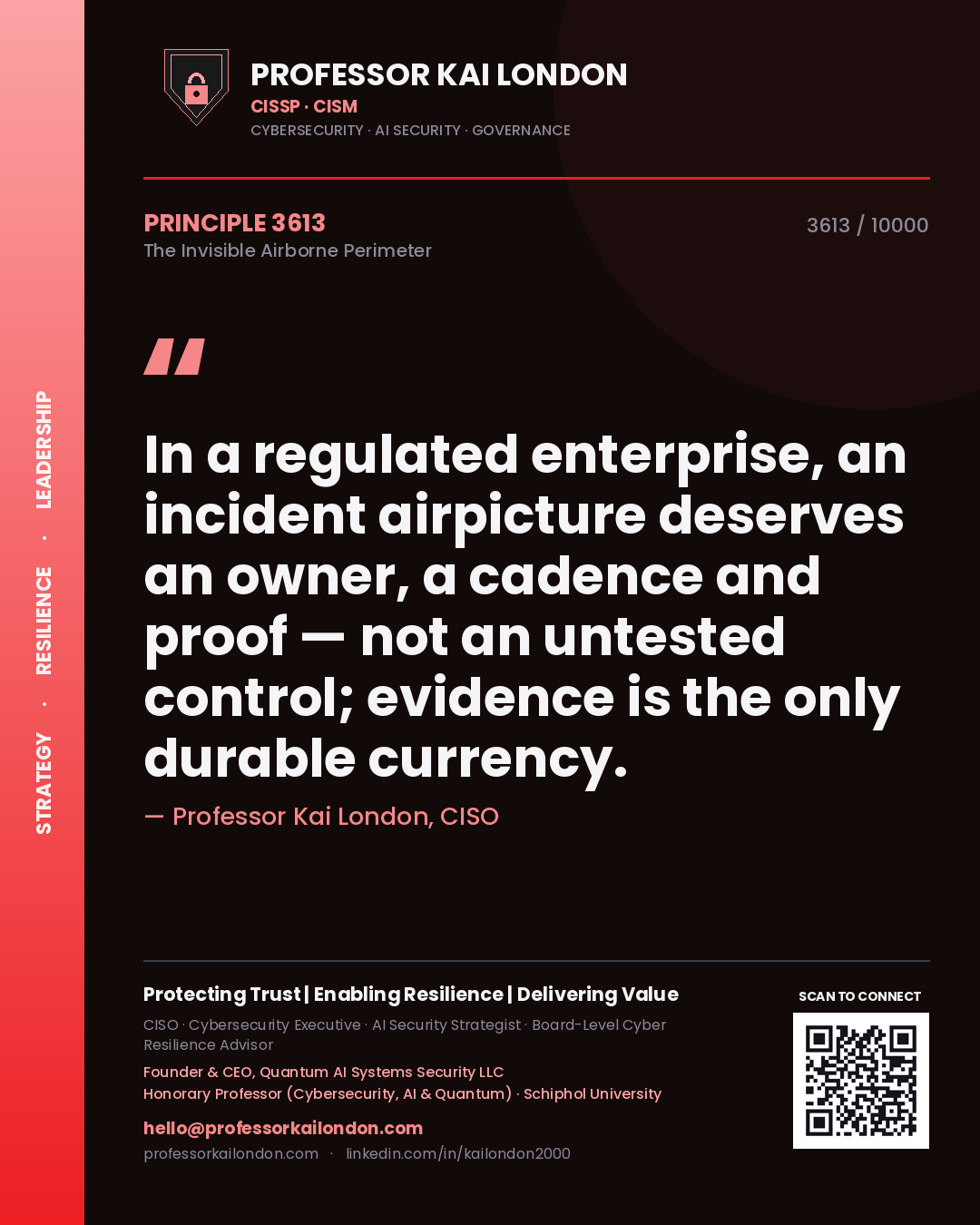 Professor Kai London principle 3613: In a regulated enterprise, an incident airpicture deserves an owner, a cadence and proof — not an untested control; evidence is the only durable currency.