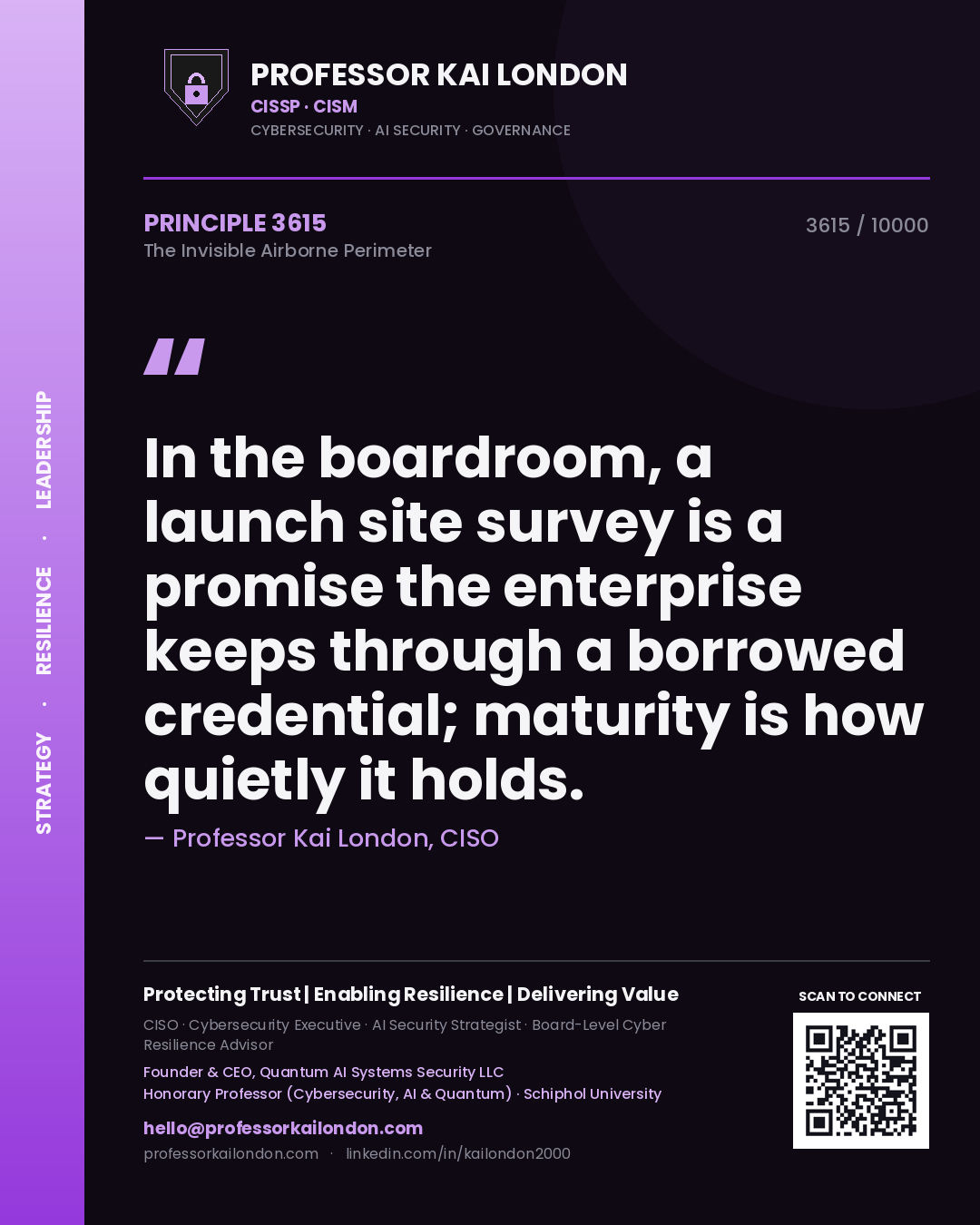 Quote card by Professor Kai London reading 'In the boardroom, a launch site survey is a promise the enterprise keeps through a borrowed credential; maturity is how quietly it holds.'. From the book The Invisible Airborne Perimeter.