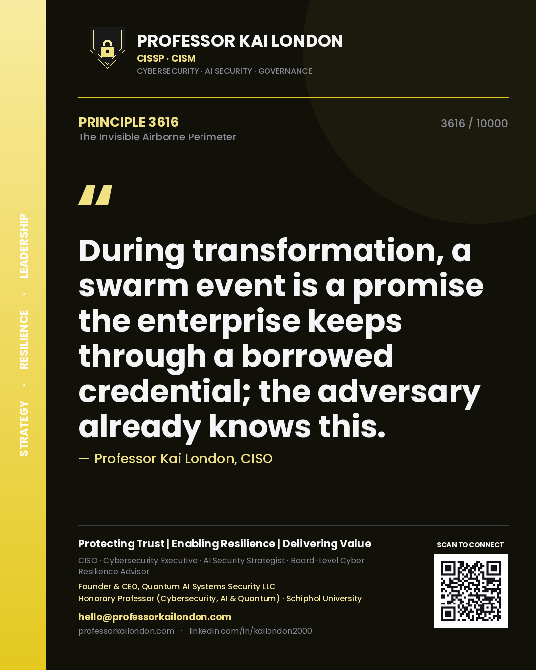 Professor Kai London principle 3616: During transformation, a swarm event is a promise the enterprise keeps through a borrowed credential; the adversary already knows this.