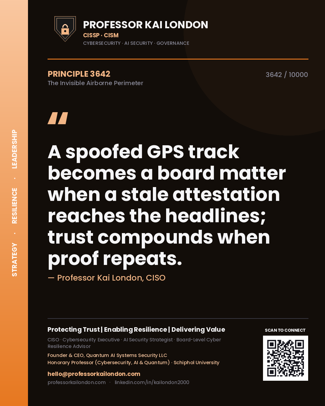 Quote card by Professor Kai London reading 'A spoofed GPS track becomes a board matter when a stale attestation reaches the headlines; trust compounds when proof repeats.'. From the book The Invisible Airborne Perimeter.