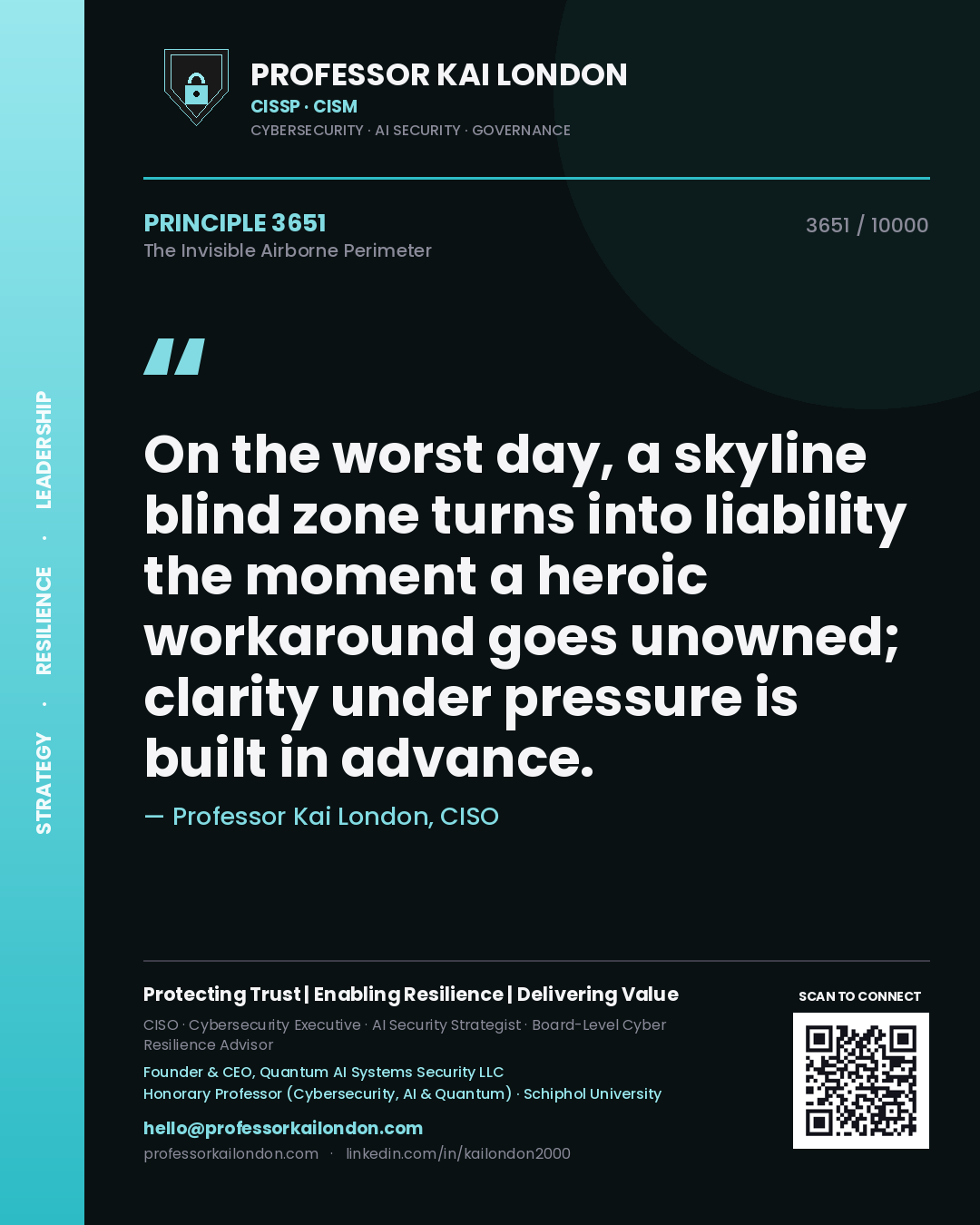 Professor Kai London principle 3651: On the worst day, a skyline blind zone turns into liability the moment a heroic workaround goes unowned; clarity under pressure is built in advance.