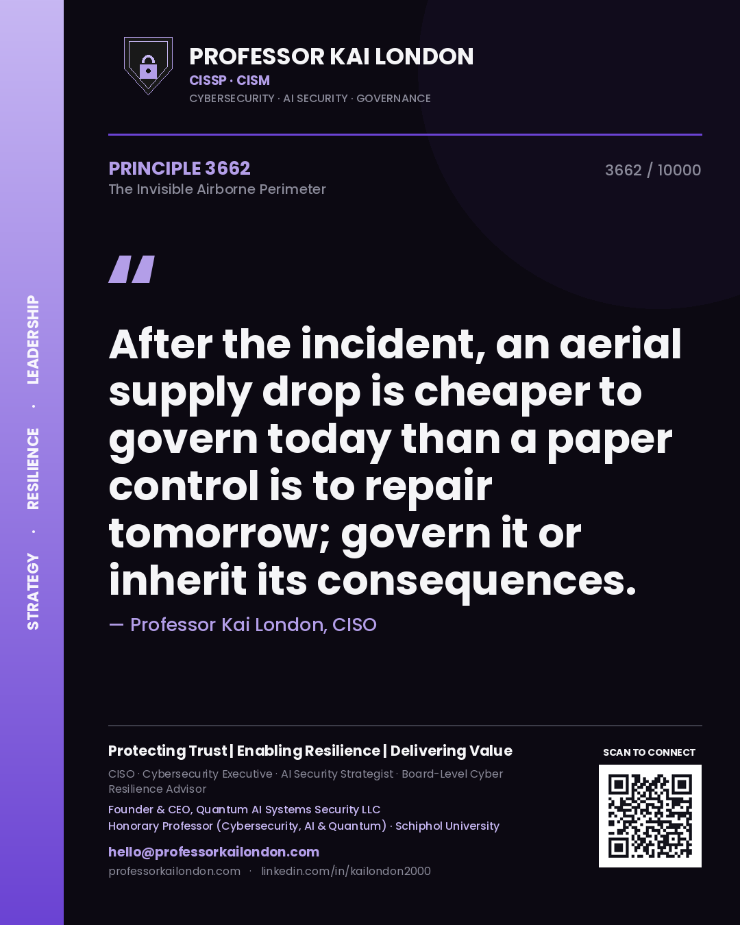 Quote card by Professor Kai London reading 'After the incident, an aerial supply drop is cheaper to govern today than a paper control is to repair tomorrow; govern it or inherit its consequences.'. From the book The Invisible Airborne Perimeter.