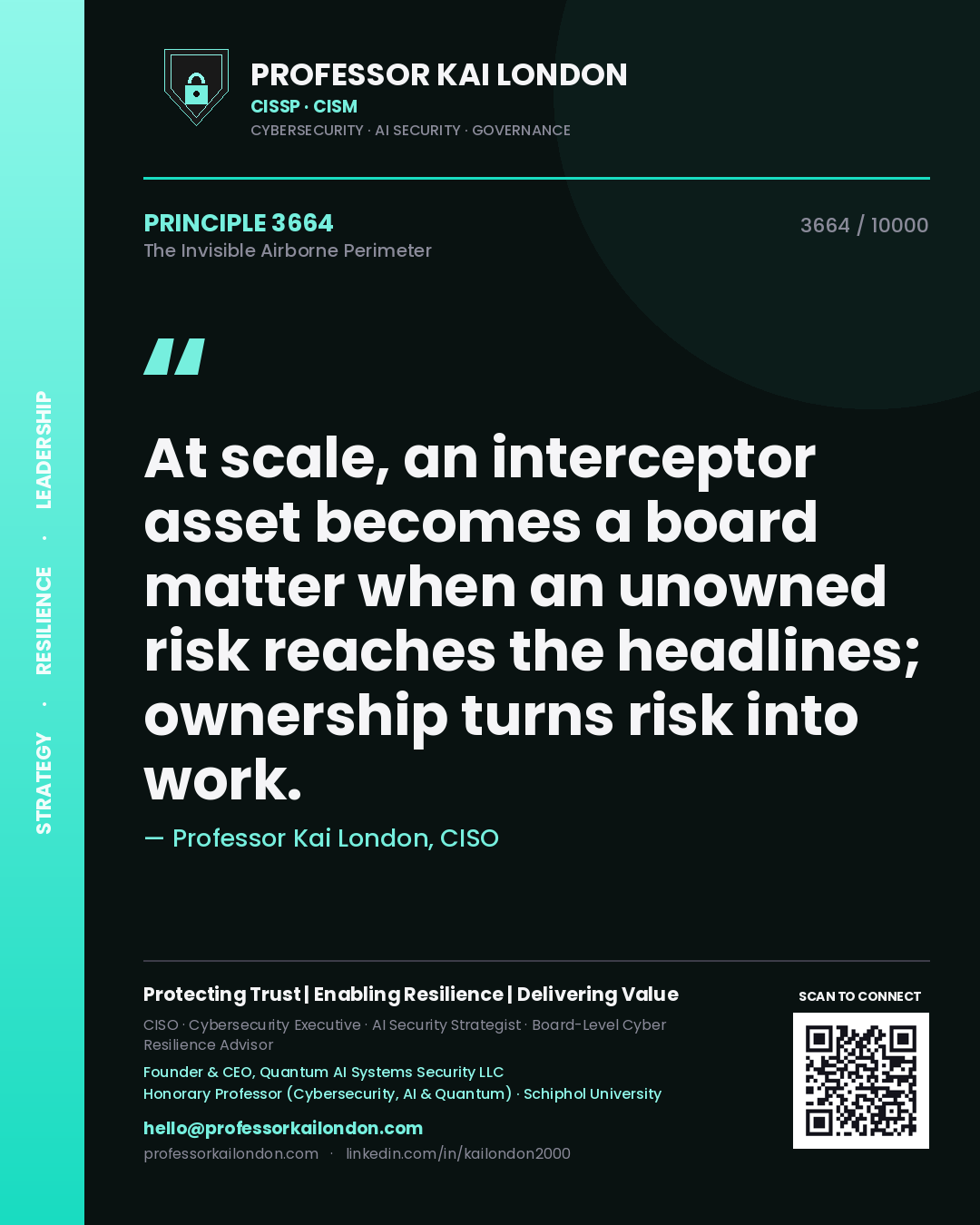 Professor Kai London principle 3664: At scale, an interceptor asset becomes a board matter when an unowned risk reaches the headlines; ownership turns risk into work.