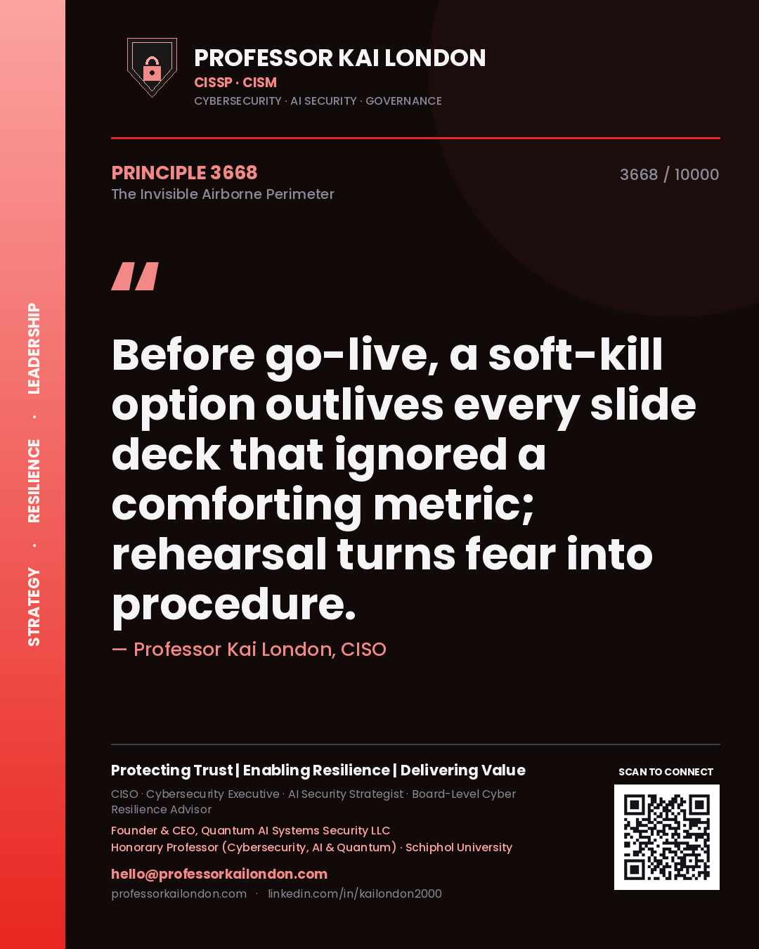 Quote card by Professor Kai London reading 'Before go-live, a soft-kill option outlives every slide deck that ignored a comforting metric; rehearsal turns fear into procedure.'. From the book The Invisible Airborne Perimeter.