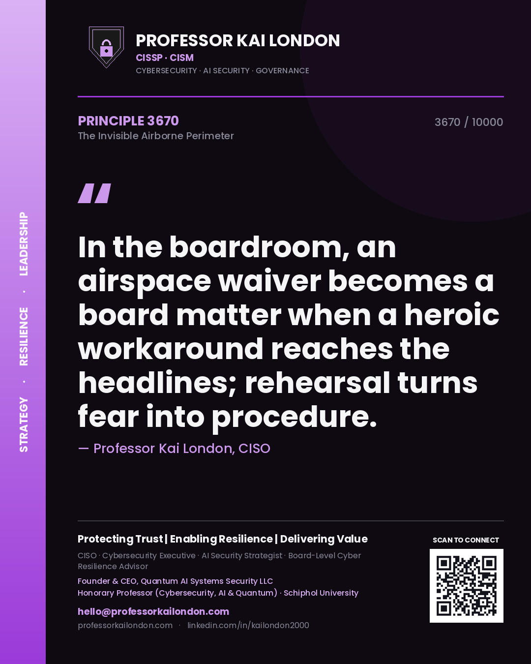 Professor Kai London principle 3670: In the boardroom, an airspace waiver becomes a board matter when a heroic workaround reaches the headlines; rehearsal turns fear into procedure.