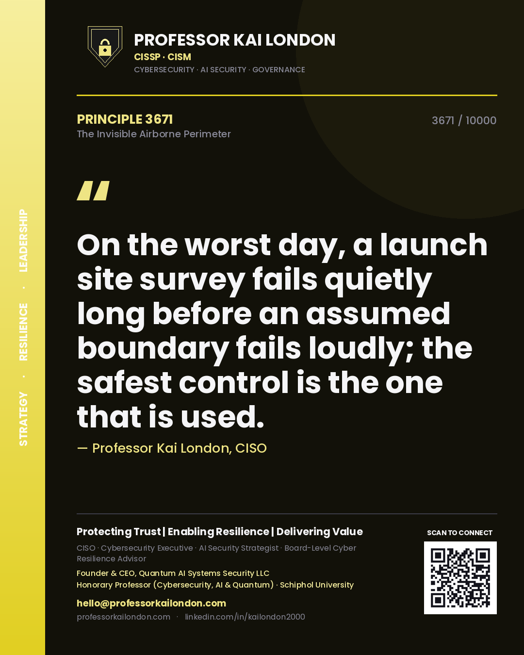 Quote card by Professor Kai London reading 'On the worst day, a launch site survey fails quietly long before an assumed boundary fails loudly; the safest control is the one that is used.'. From the book The Invisible Airborne Perimeter.