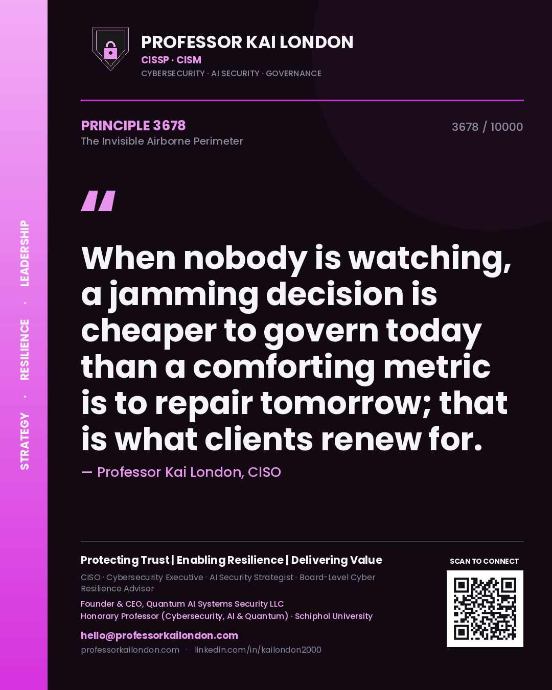 Quote card by Professor Kai London reading 'When nobody is watching, a jamming decision is cheaper to govern today than a comforting metric is to repair tomorrow; that is what clients renew for.'. From the book The Invisible Airborne Perimeter.