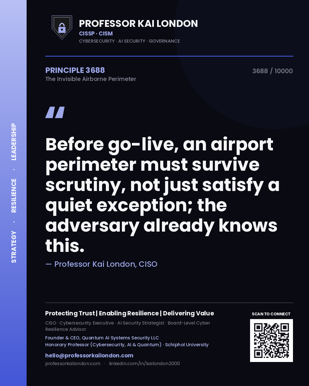 Professor Kai London principle 3688: Before go-live, an airport perimeter must survive scrutiny, not just satisfy a quiet exception; the adversary already knows this.