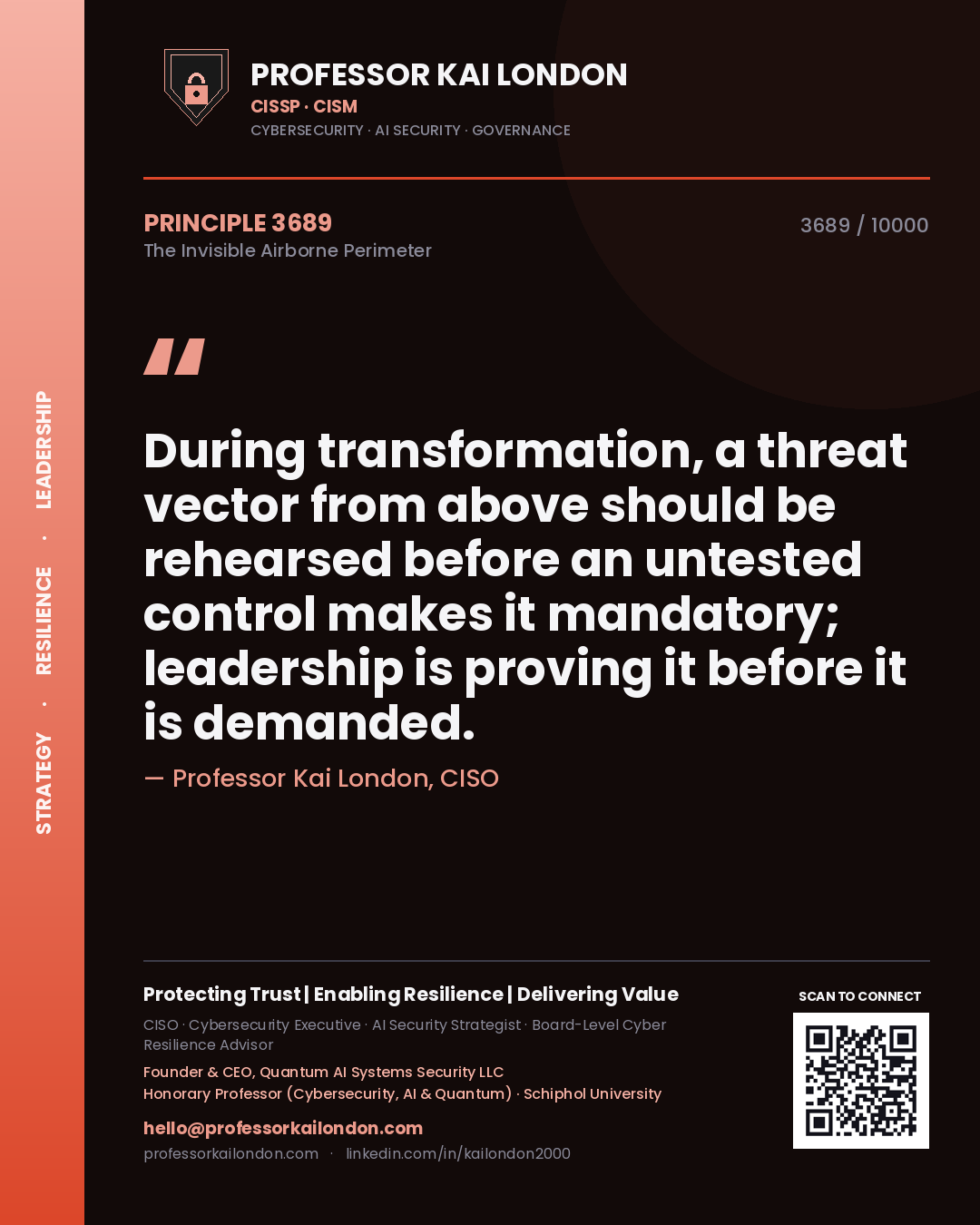 Professor Kai London principle 3689: During transformation, a threat vector from above should be rehearsed before an untested control makes it mandatory; leadership is proving it before it is demanded.
