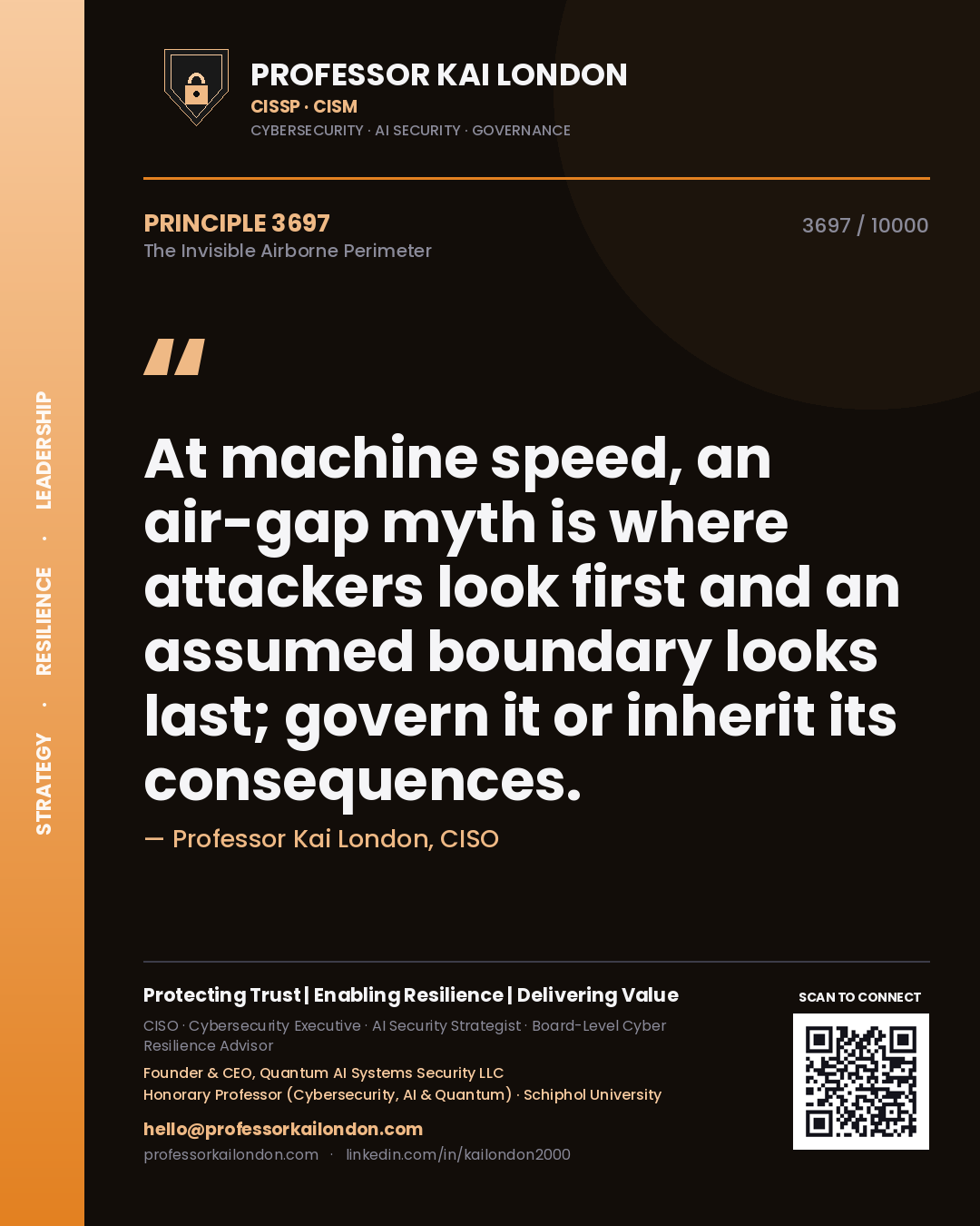 Quote card by Professor Kai London reading 'At machine speed, an air-gap myth is where attackers look first and an assumed boundary looks last; govern it or inherit its consequences.'. From the book The Invisible Airborne Perimeter.