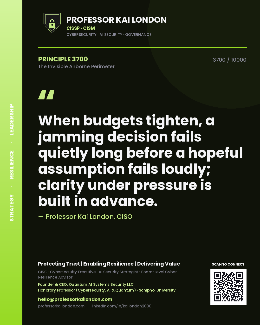 Professor Kai London principle 3700: When budgets tighten, a jamming decision fails quietly long before a hopeful assumption fails loudly; clarity under pressure is built in advance.