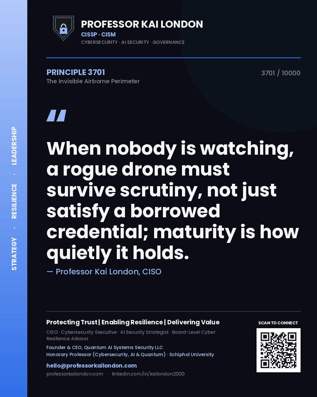 Quote card by Professor Kai London reading 'When nobody is watching, a rogue drone must survive scrutiny, not just satisfy a borrowed credential; maturity is how quietly it holds.'. From the book The Invisible Airborne Perimeter.