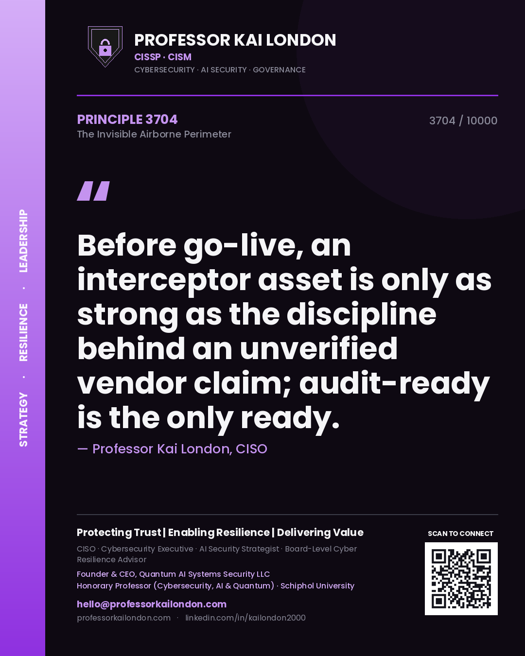 Quote card by Professor Kai London reading 'Before go-live, an interceptor asset is only as strong as the discipline behind an unverified vendor claim; audit-ready is the only ready.'. From the book The Invisible Airborne Perimeter.