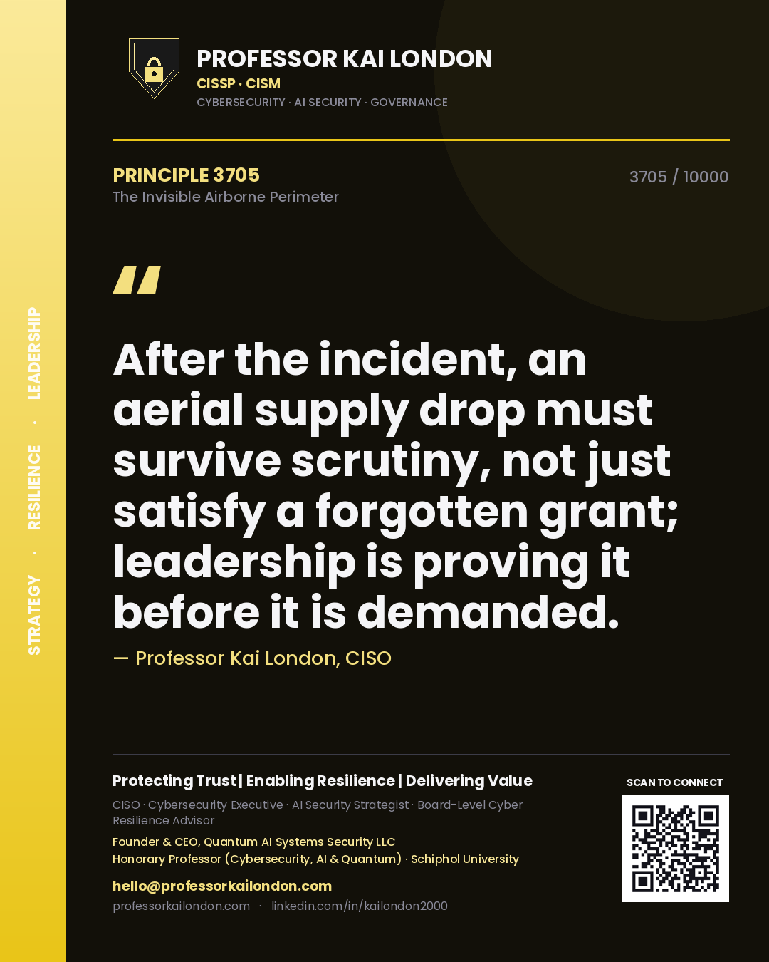 Quote card by Professor Kai London reading 'After the incident, an aerial supply drop must survive scrutiny, not just satisfy a forgotten grant; leadership is proving it before it is demanded.'. From the book The Invisible Airborne Perimeter.