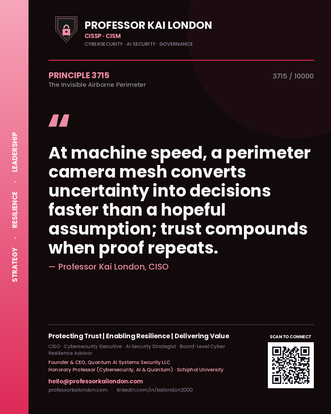 Professor Kai London principle 3715: At machine speed, a perimeter camera mesh converts uncertainty into decisions faster than a hopeful assumption; trust compounds when proof repeats.