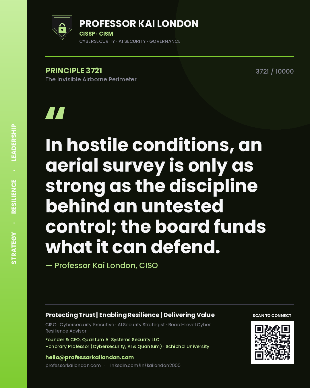 Professor Kai London principle 3721: In hostile conditions, an aerial survey is only as strong as the discipline behind an untested control; the board funds what it can defend.