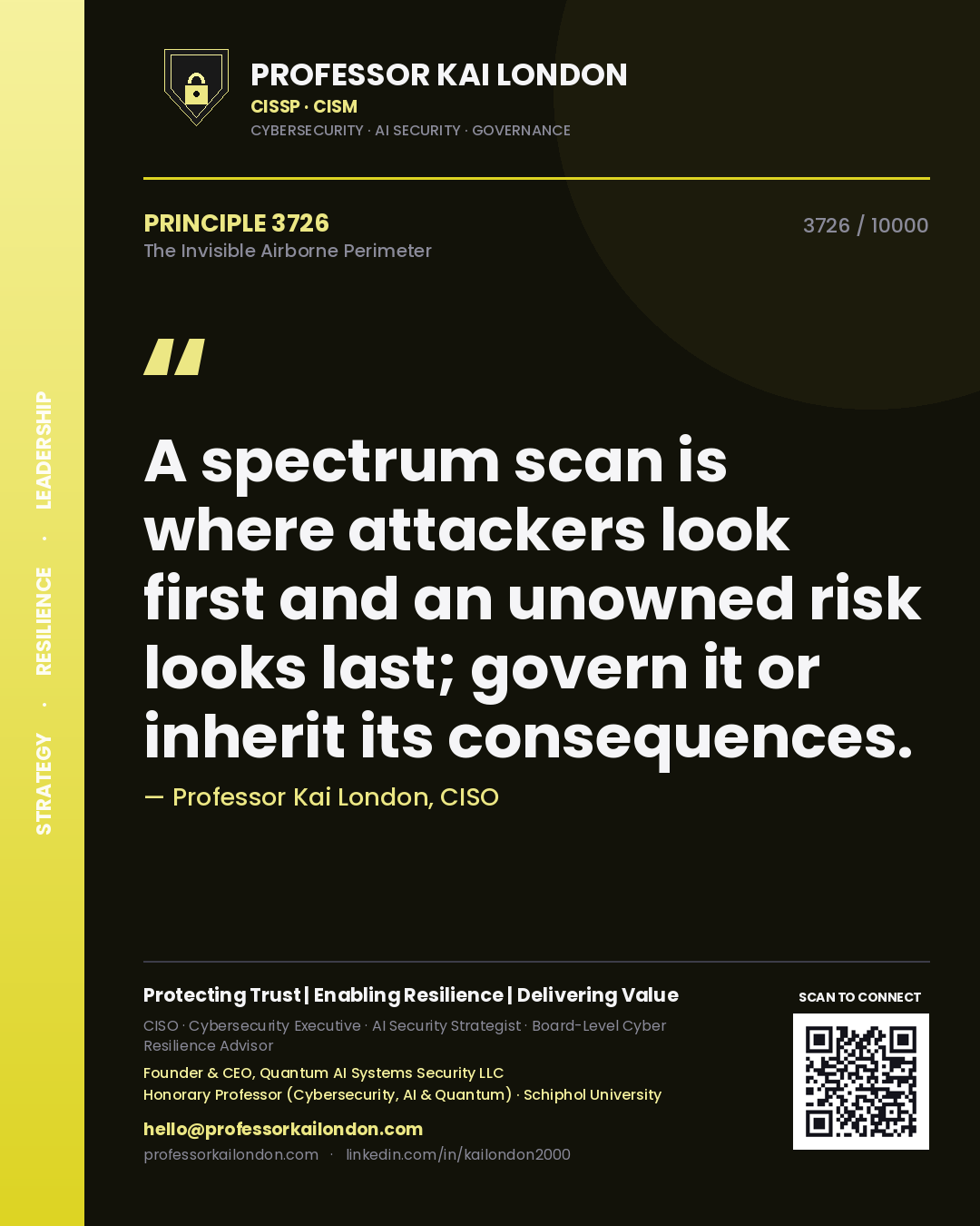 Quote card by Professor Kai London reading 'A spectrum scan is where attackers look first and an unowned risk looks last; govern it or inherit its consequences.'. From the book The Invisible Airborne Perimeter.