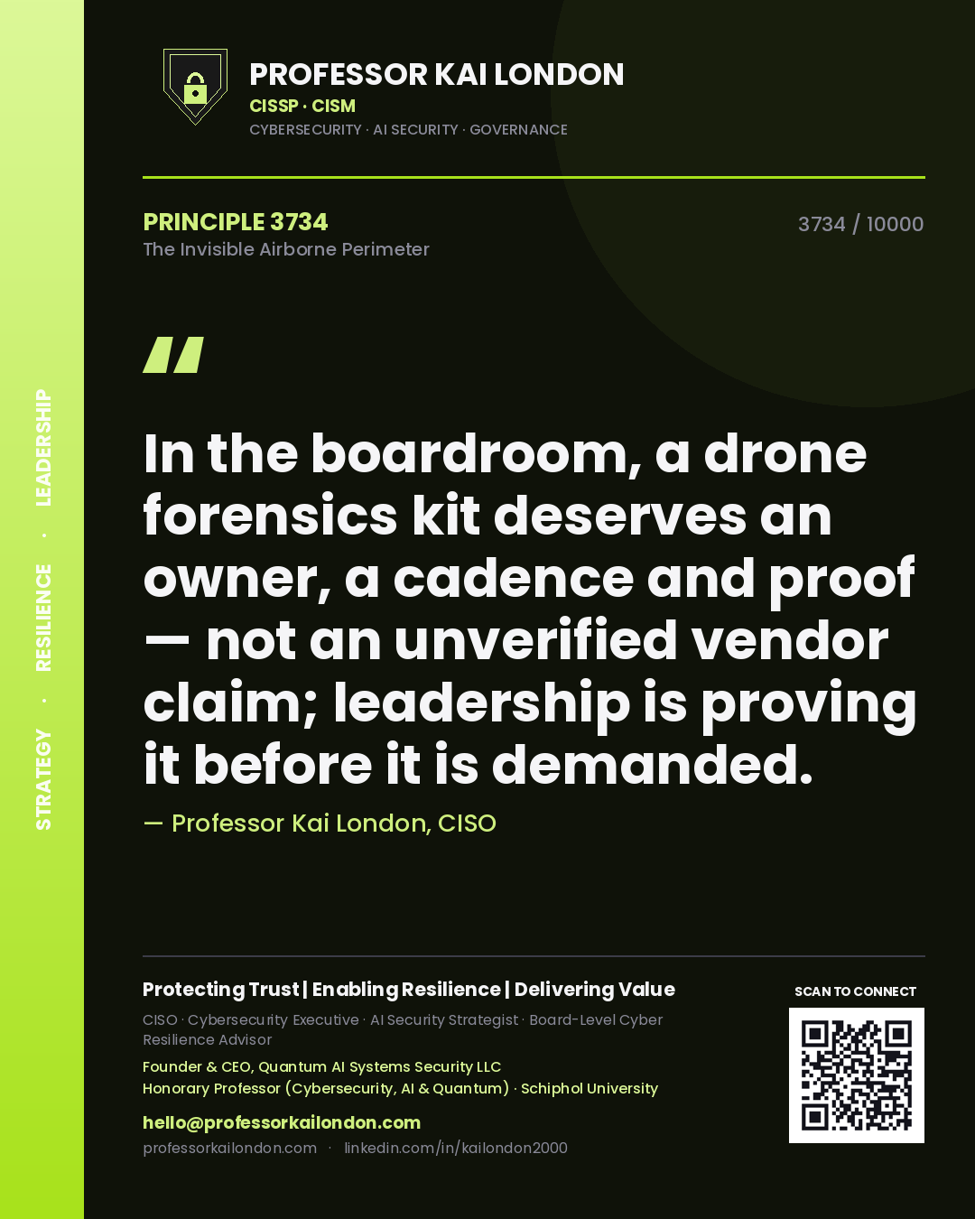 Professor Kai London principle 3734: In the boardroom, a drone forensics kit deserves an owner, a cadence and proof — not an unverified vendor claim; leadership is proving it before it is demanded.