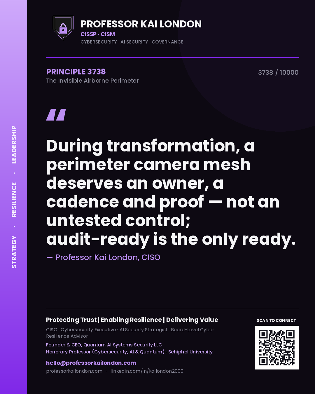 Professor Kai London principle 3738: During transformation, a perimeter camera mesh deserves an owner, a cadence and proof — not an untested control; audit-ready is the only ready.