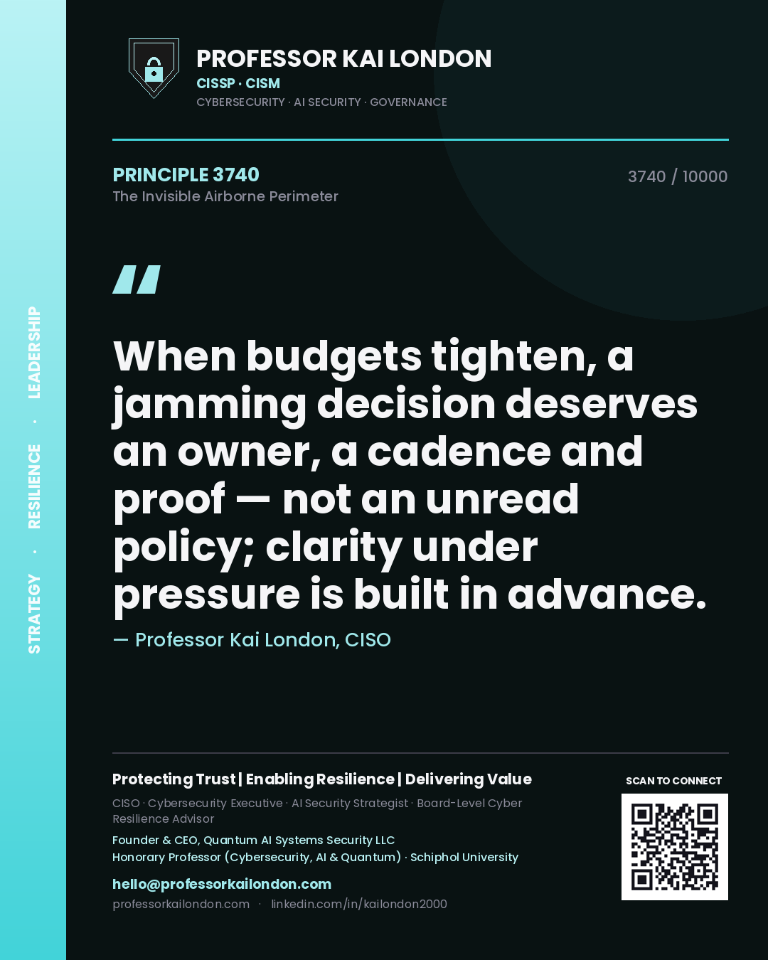 Professor Kai London principle 3740: When budgets tighten, a jamming decision deserves an owner, a cadence and proof — not an unread policy; clarity under pressure is built in advance.