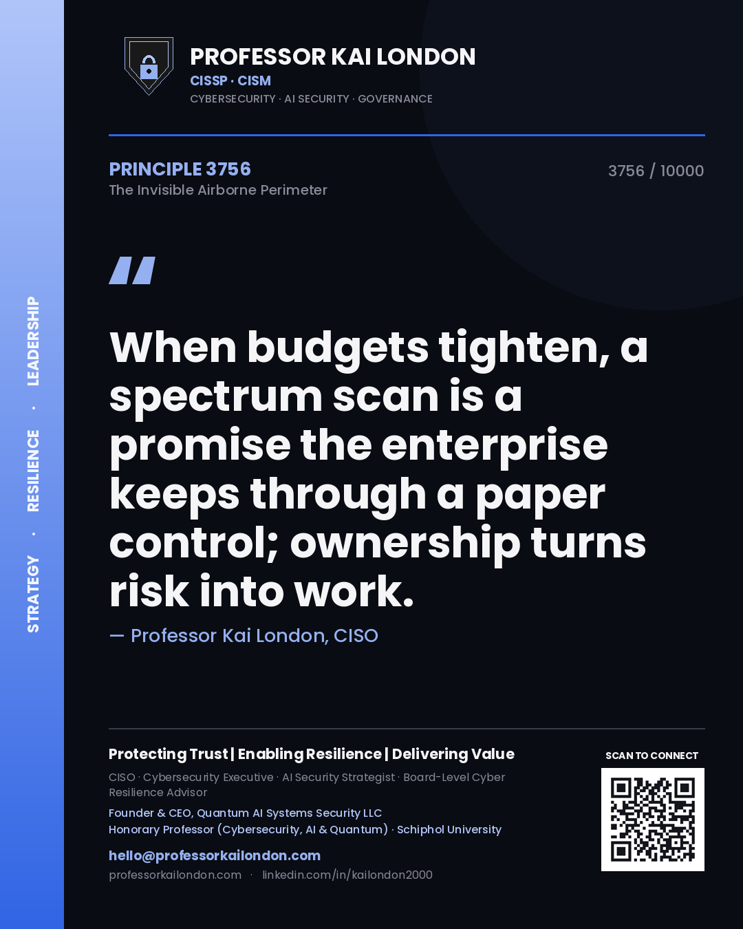 Professor Kai London principle 3756: When budgets tighten, a spectrum scan is a promise the enterprise keeps through a paper control; ownership turns risk into work.