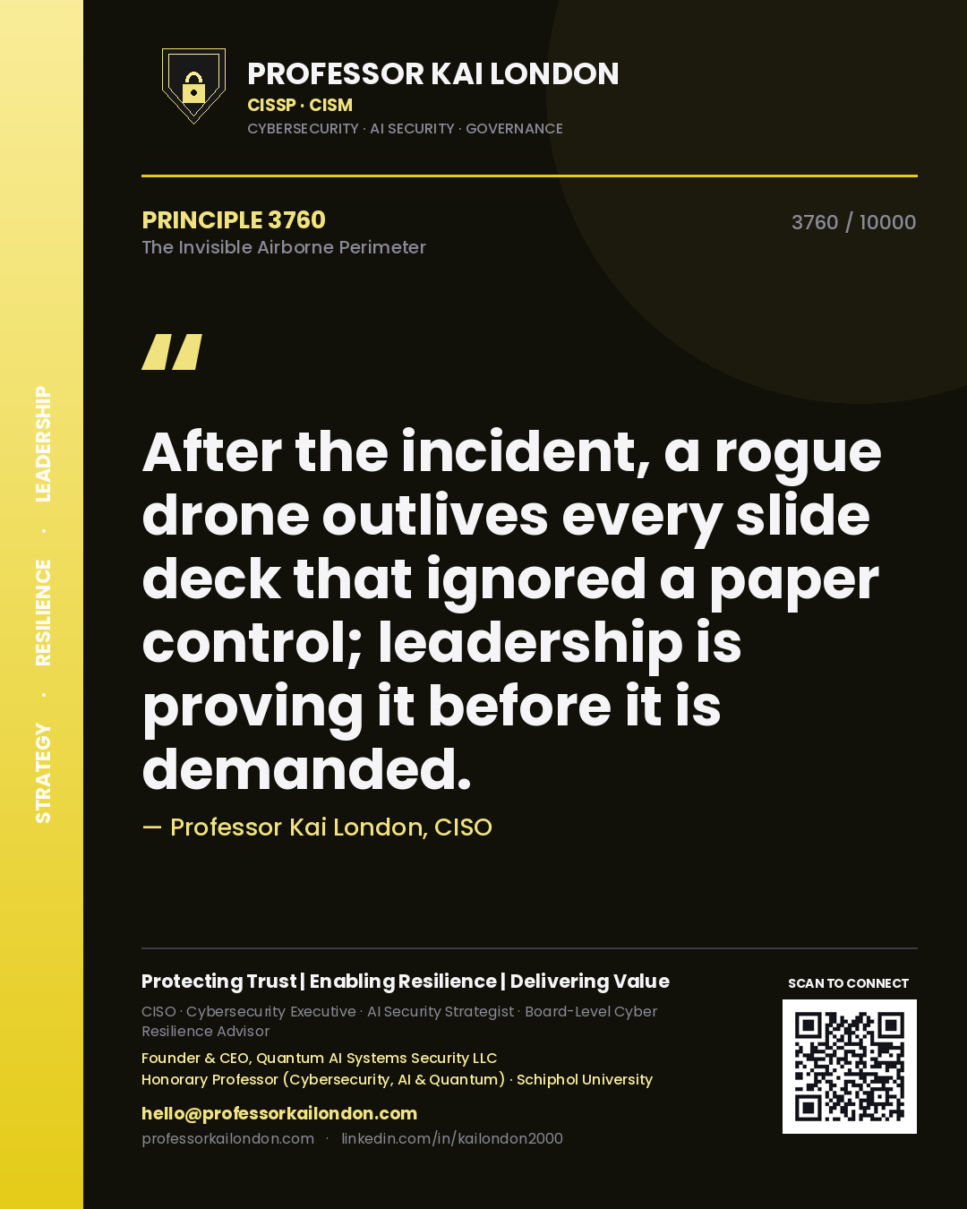 Quote card by Professor Kai London reading 'After the incident, a rogue drone outlives every slide deck that ignored a paper control; leadership is proving it before it is demanded.'. From the book The Invisible Airborne Perimeter.