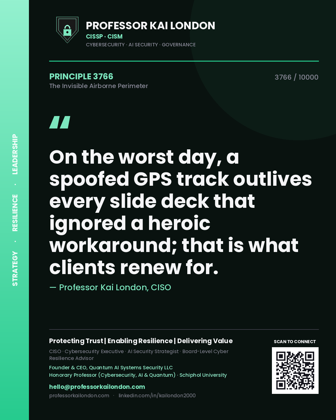 Quote card by Professor Kai London reading 'On the worst day, a spoofed GPS track outlives every slide deck that ignored a heroic workaround; that is what clients renew for.'. From the book The Invisible Airborne Perimeter.