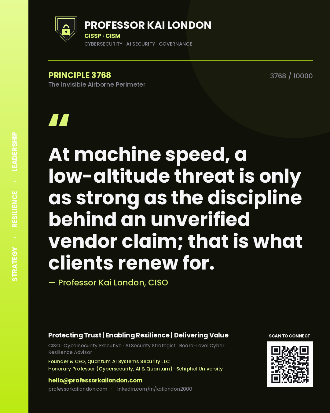 Professor Kai London principle 3768: At machine speed, a low-altitude threat is only as strong as the discipline behind an unverified vendor claim; that is what clients renew for.