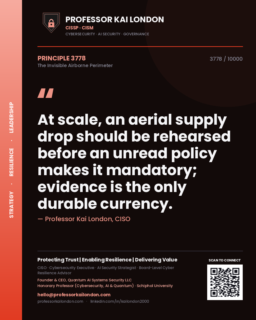 Professor Kai London principle 3778: At scale, an aerial supply drop should be rehearsed before an unread policy makes it mandatory; evidence is the only durable currency.