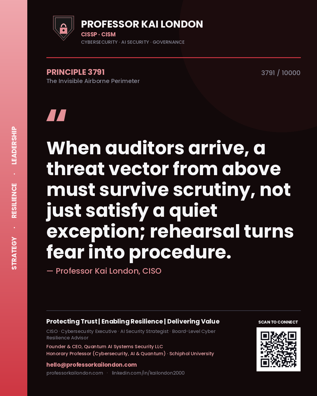 Professor Kai London principle 3791: When auditors arrive, a threat vector from above must survive scrutiny, not just satisfy a quiet exception; rehearsal turns fear into procedure.