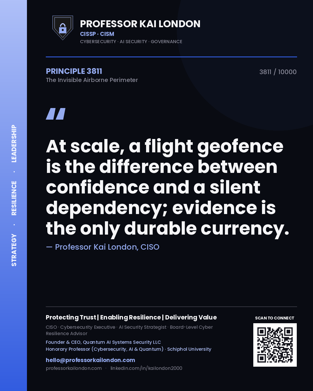 Quote card by Professor Kai London reading 'At scale, a flight geofence is the difference between confidence and a silent dependency; evidence is the only durable currency.'. From the book The Invisible Airborne Perimeter.