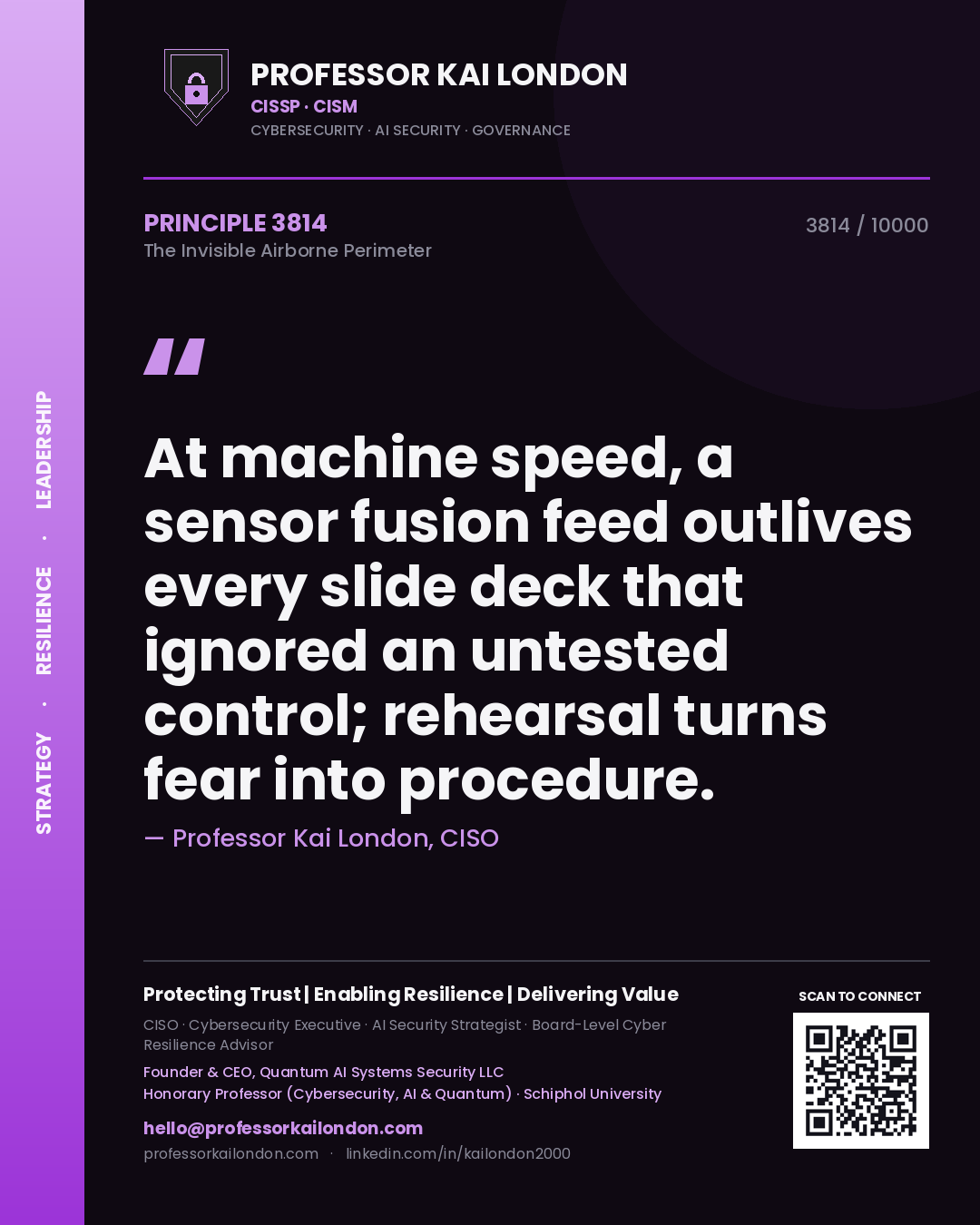 Quote card by Professor Kai London reading 'At machine speed, a sensor fusion feed outlives every slide deck that ignored an untested control; rehearsal turns fear into procedure.'. From the book The Invisible Airborne Perimeter.