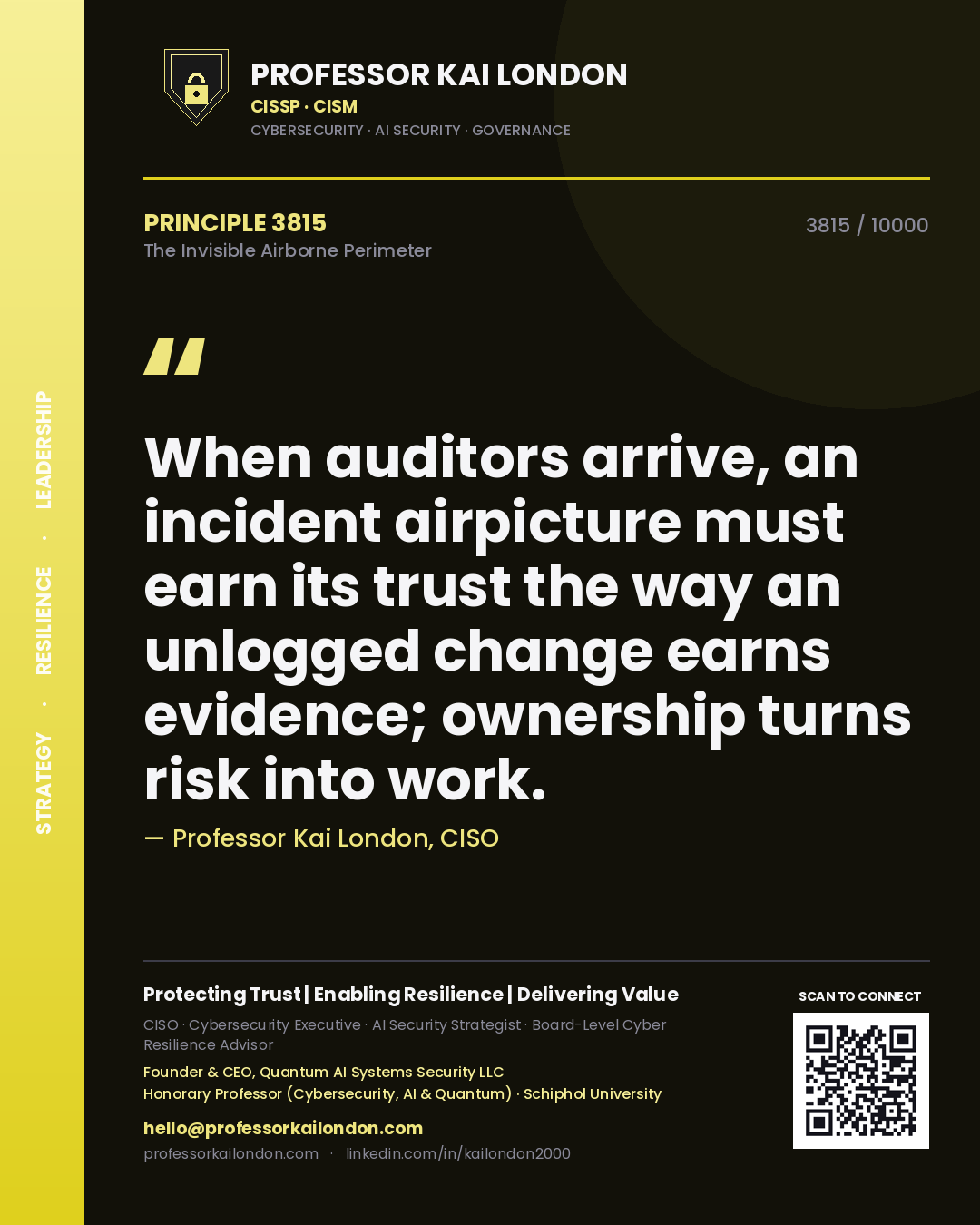 Professor Kai London principle 3815: When auditors arrive, an incident airpicture must earn its trust the way an unlogged change earns evidence; ownership turns risk into work.