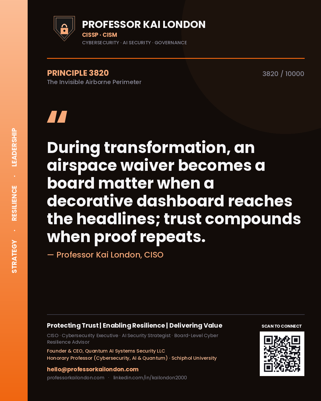 Quote card by Professor Kai London reading 'During transformation, an airspace waiver becomes a board matter when a decorative dashboard reaches the headlines; trust compounds when proof repeats.'. From the book The Invisible Airborne Perimeter.